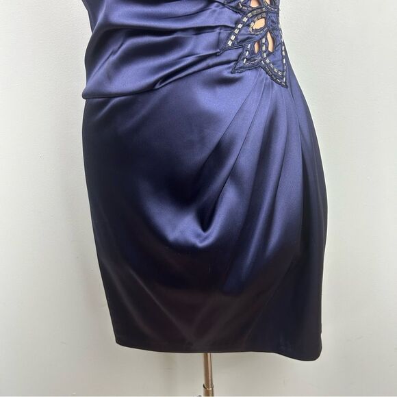 City Triangles Satin Navy Cocktail Dress One Shoulder Appliques Cutouts Sz 3 - Picture 9 of 15
